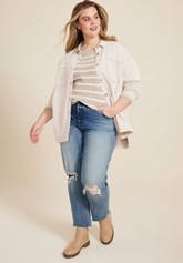 Plus Size Ribbed Knit Shawl Collar Tunic Sweatshirt