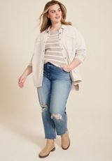 Plus Size Washed Knit Denim Shacket, C9773, small