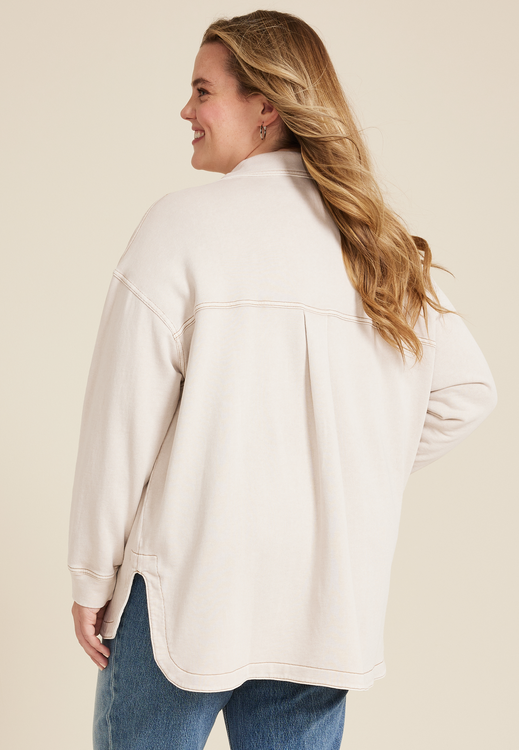 Plus Size Washed Knit Denim Shacket, C9773, large