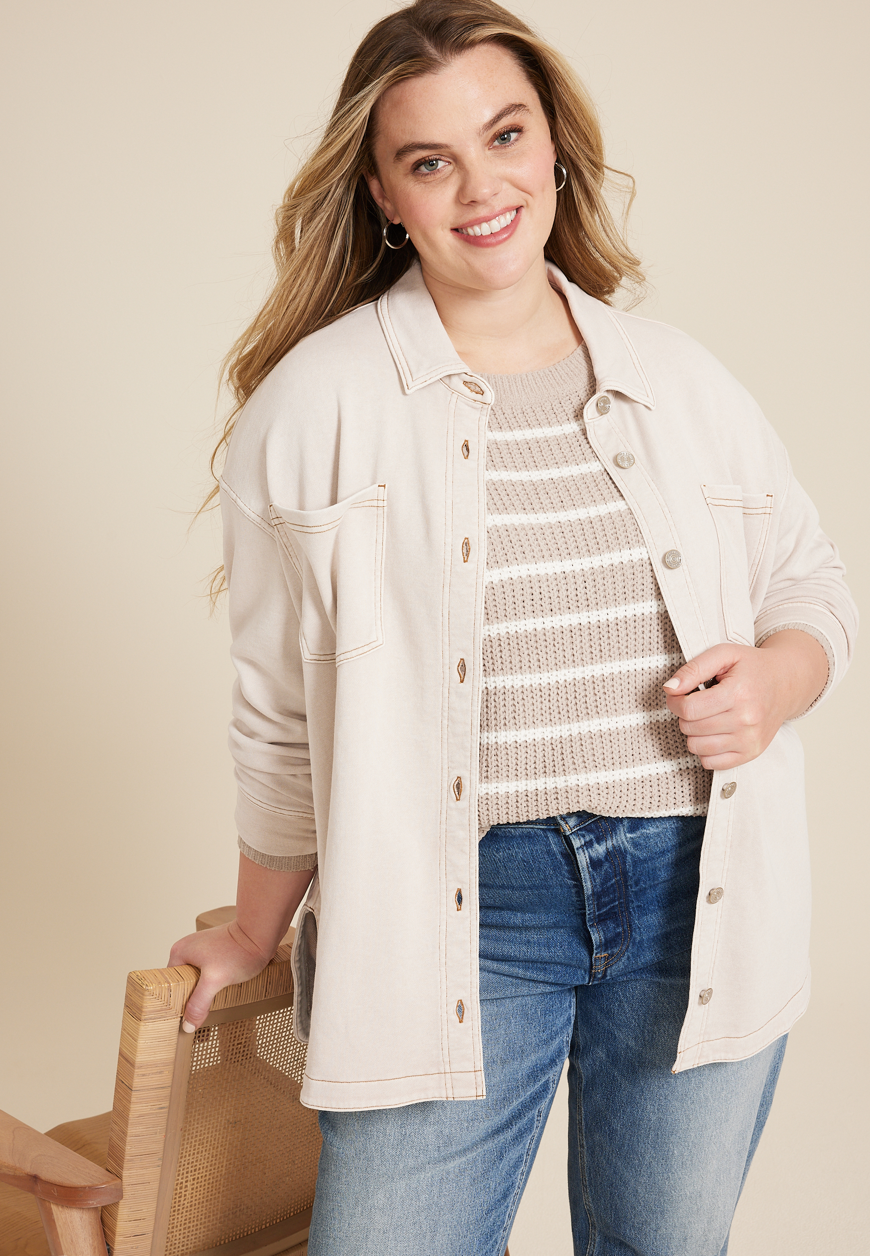 Plus Size Washed Knit Denim Shacket, C9773, large