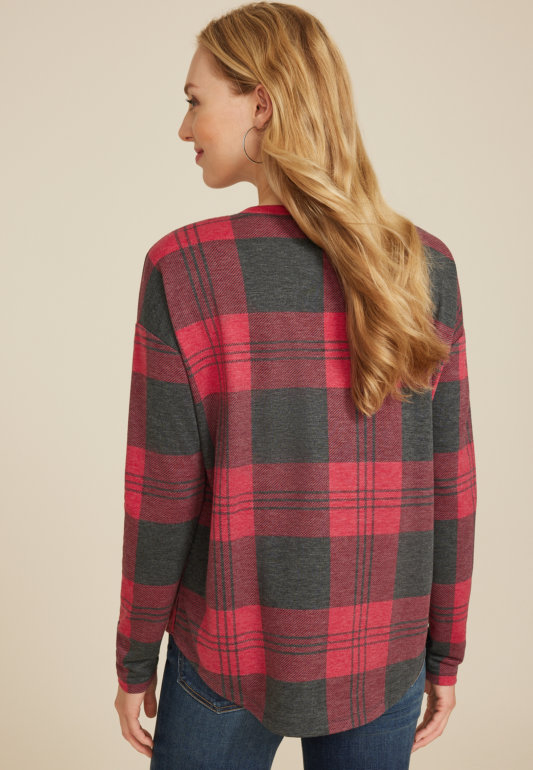 24/7 Clara Buffalo Plaid Long Sleeve Tee, C7044, large