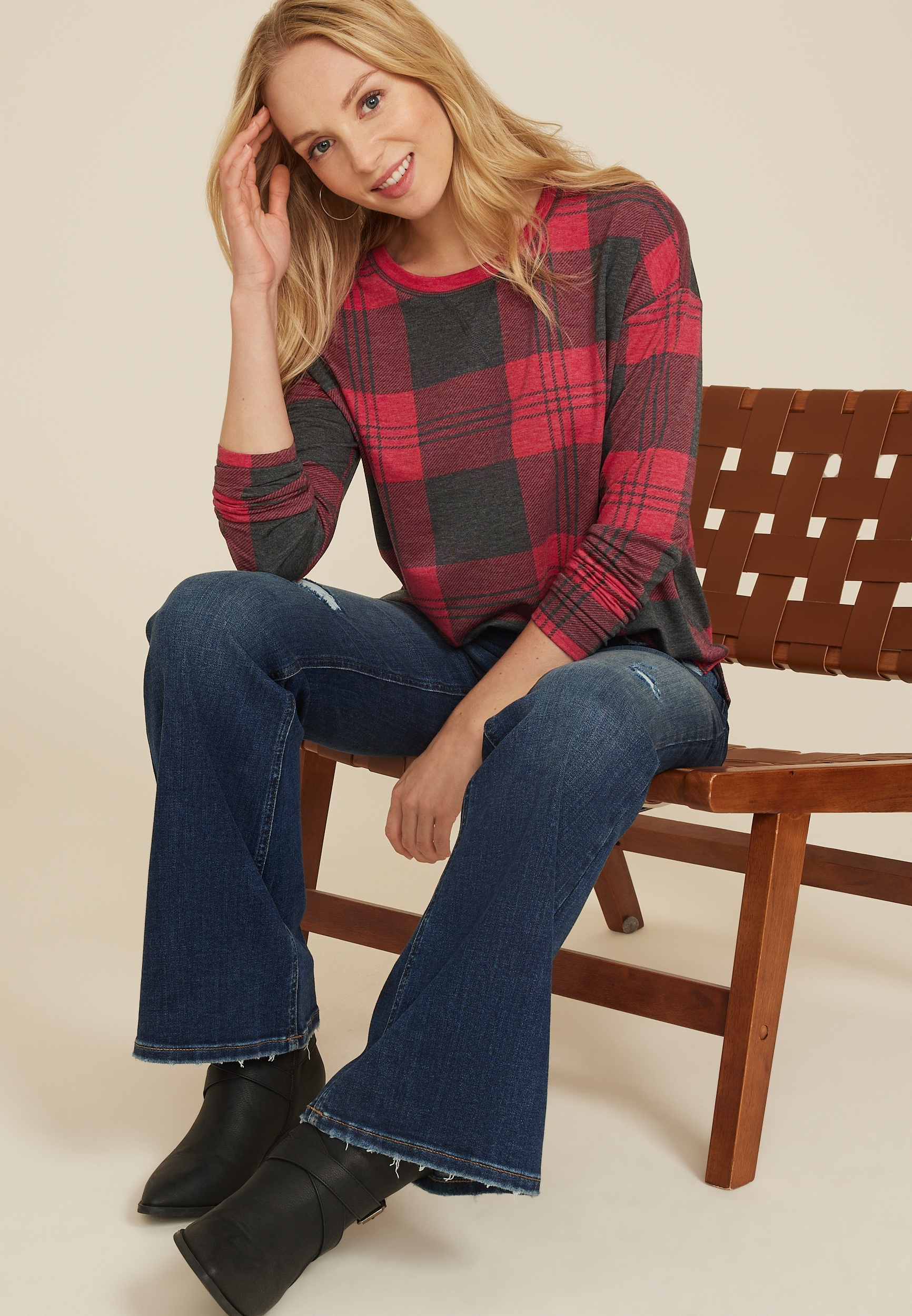 24/7 Clara Buffalo Plaid Long Sleeve Tee, C7044, large