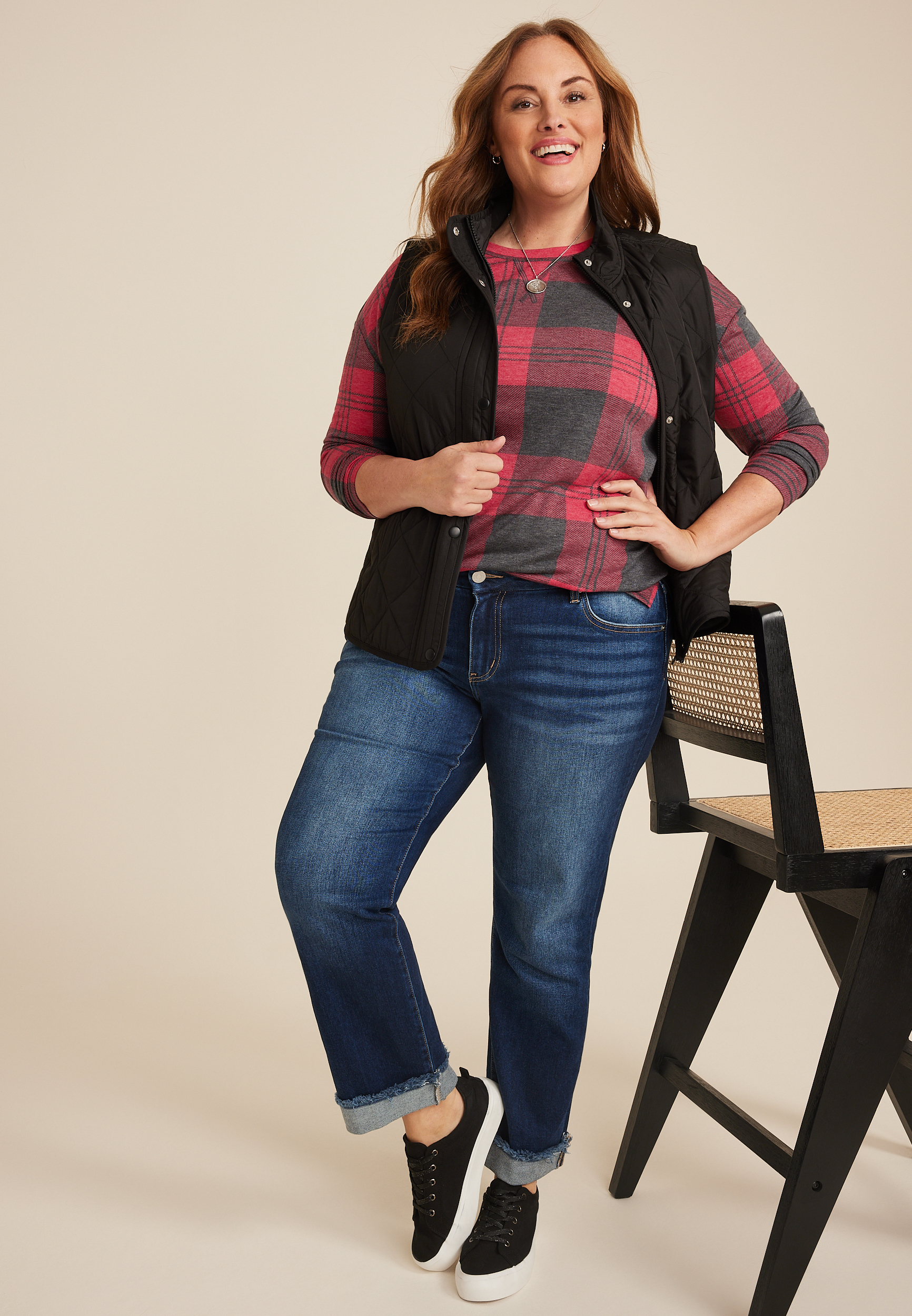 Plus Size 24/7 Clara Buffalo Plaid Long Sleeve Tee, C7044, large