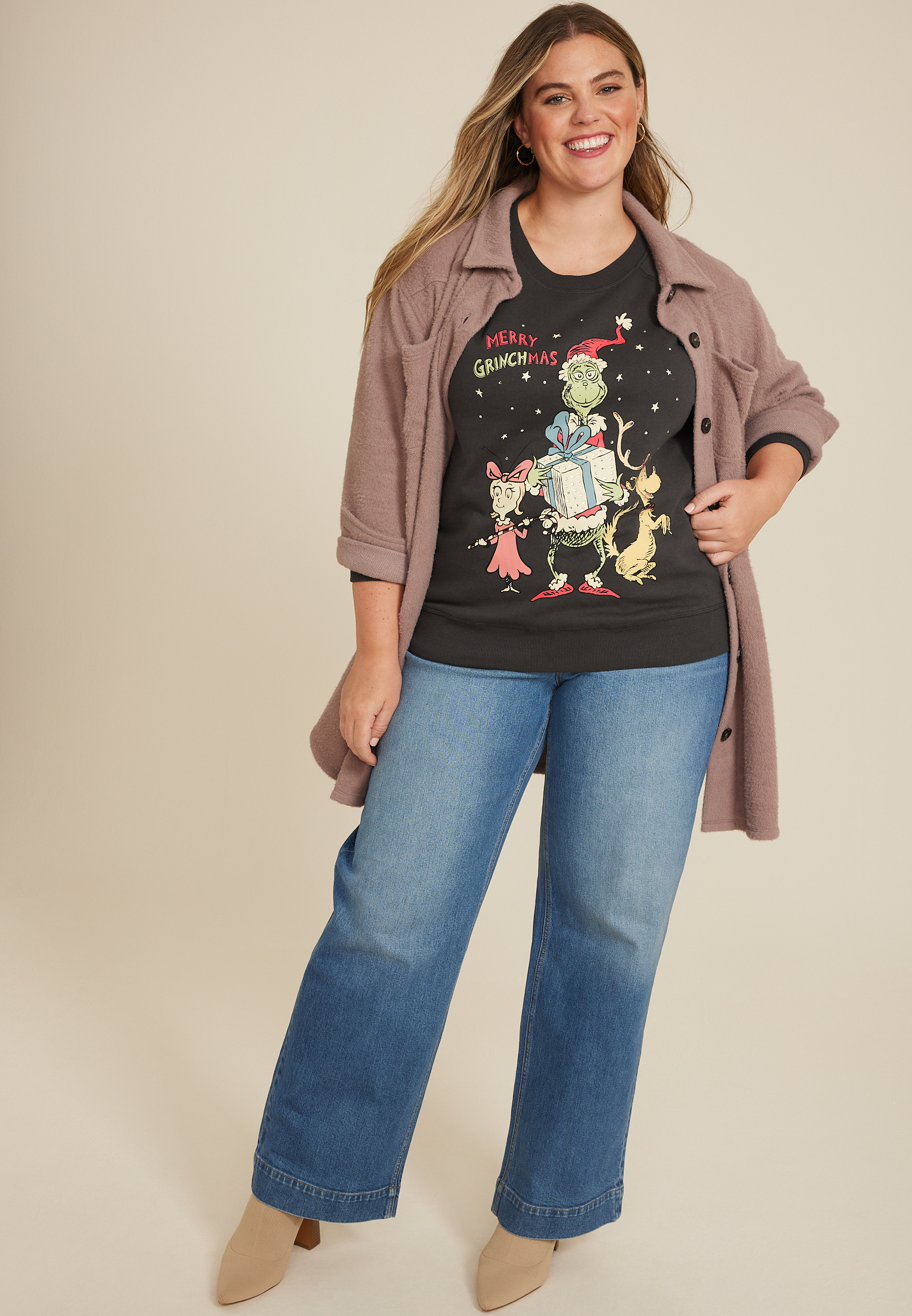 Plus Size Merry Grinchmas Relaxed Fit Sweatshirt, PHANTOM BLACK, large