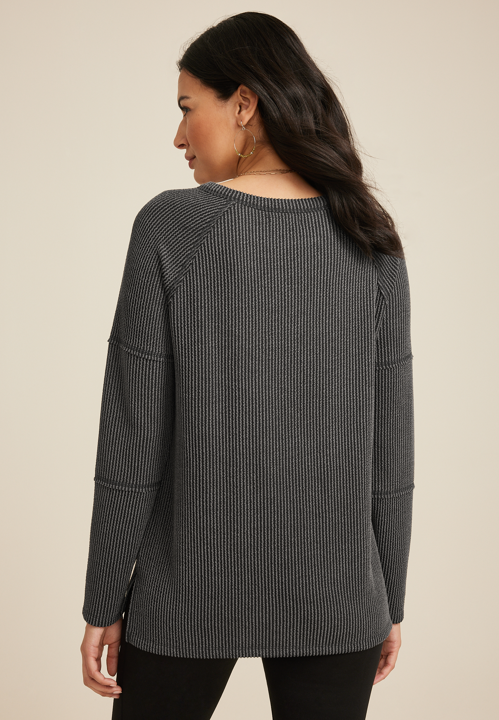 Wavy Ribbed Exposed Seam Tunic, BLACK, large