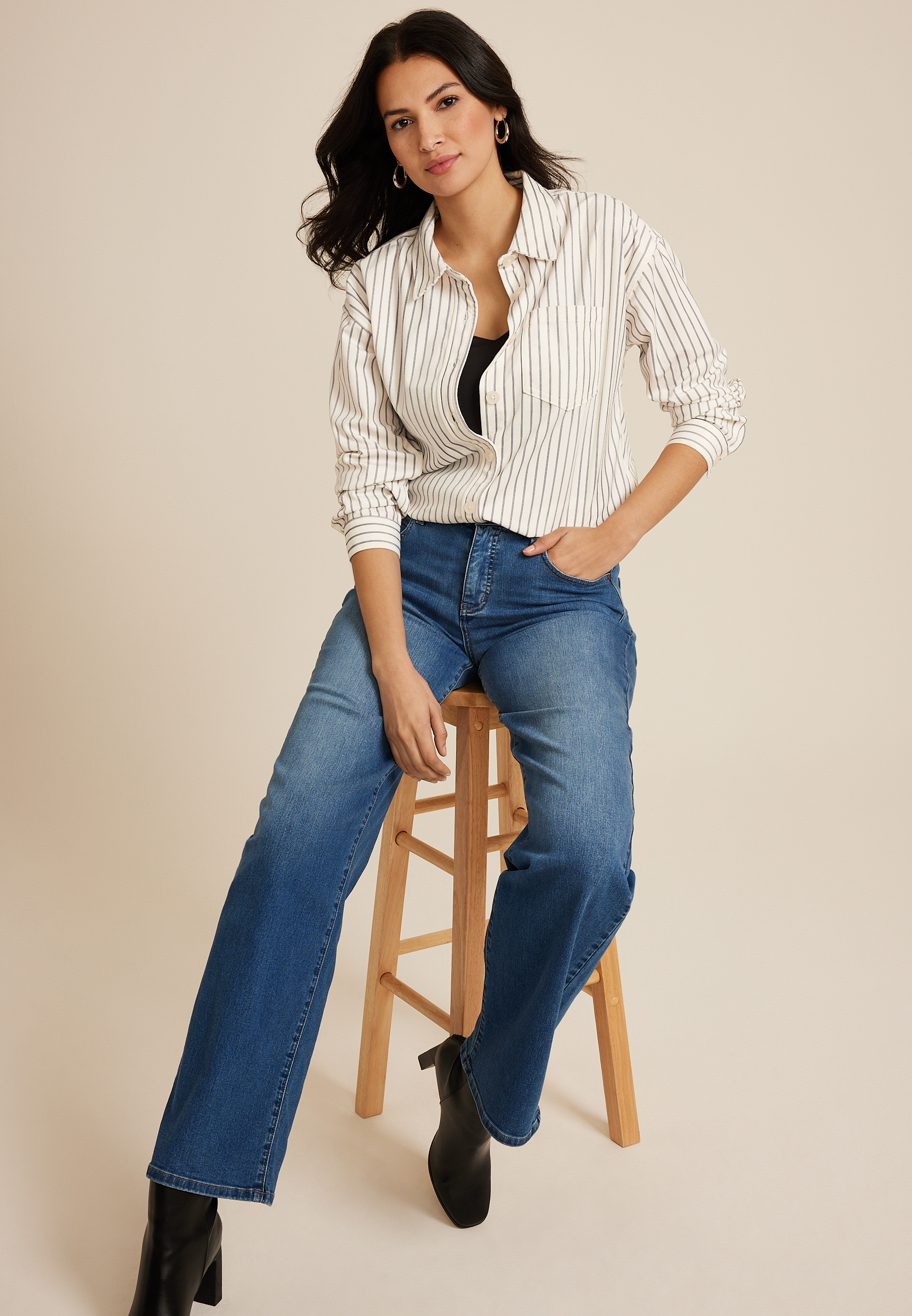 Corduroy Button Down Boyfriend Shirt, ECRU, large
