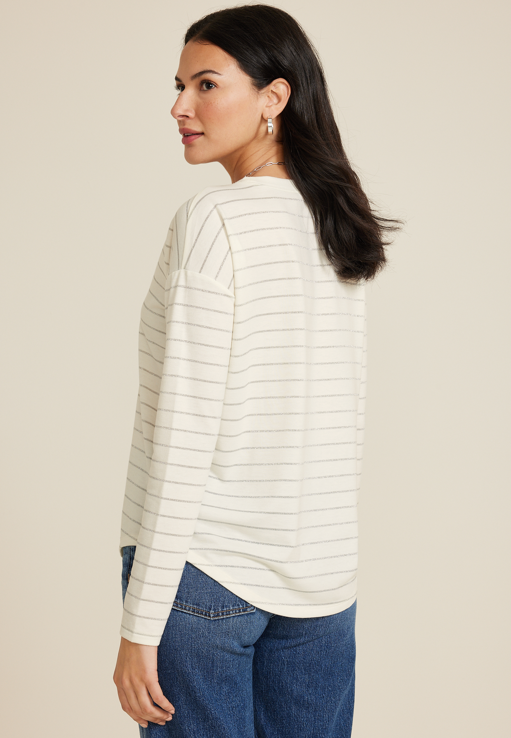 24/7 Clara Metallic Striped Long Sleeve Tee, C3986, large