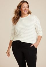 Plus Size 24/7 Clara Metallic Striped Long Sleeve Tee, C3986, small