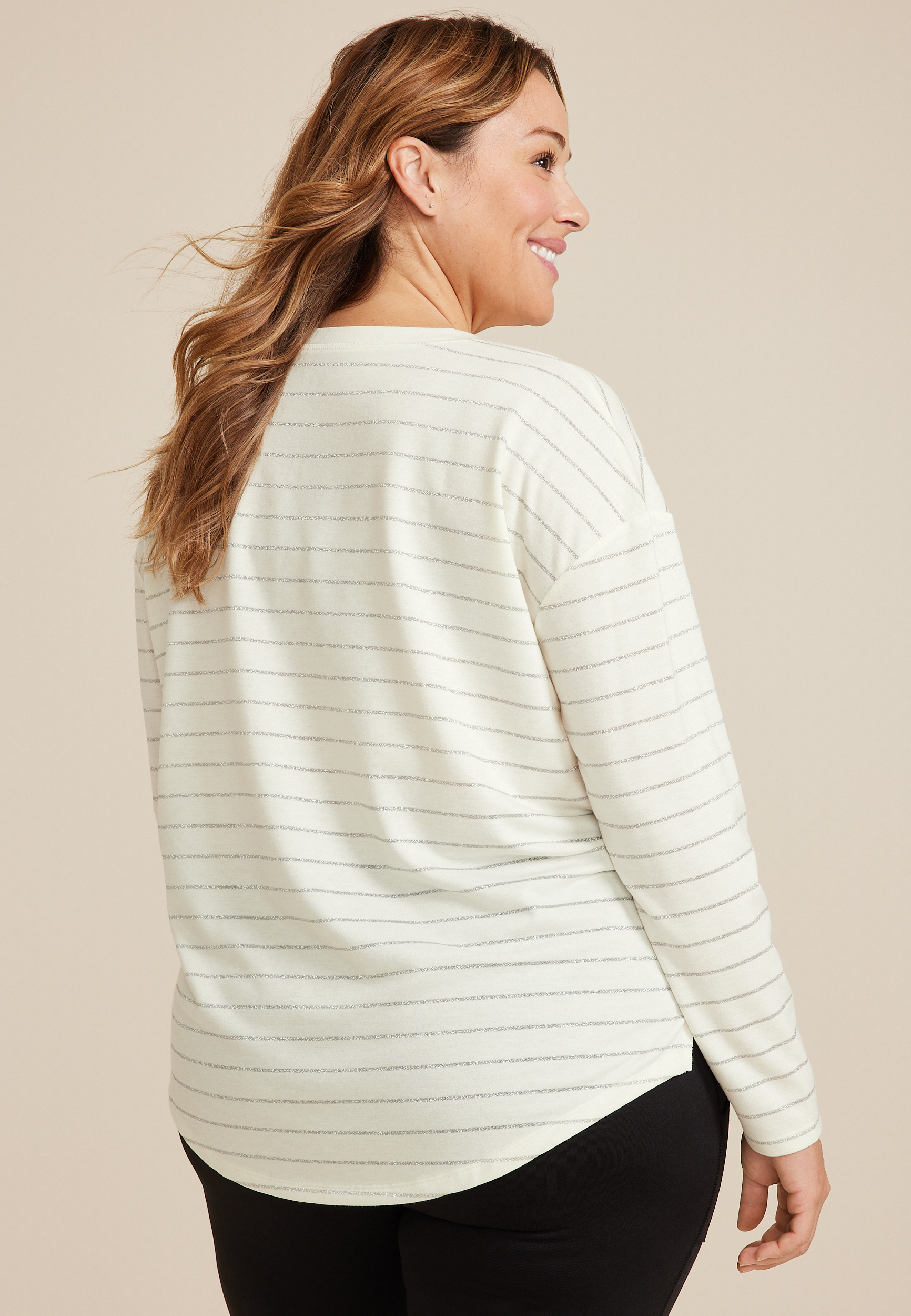 Plus Size 24/7 Clara Metallic Striped Long Sleeve Tee, C3986, large