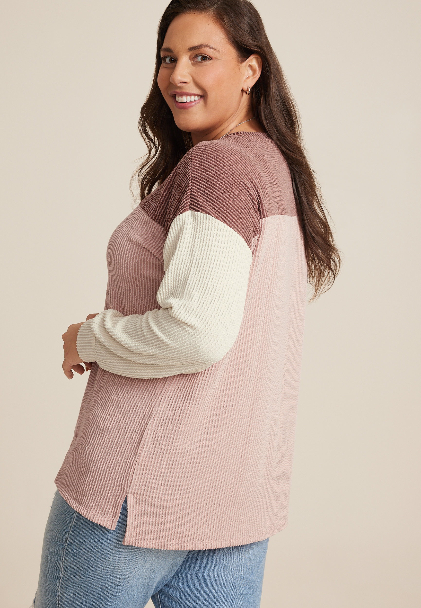 Plus Size Wavy Ribbed Colorblock Tunic, C894, large