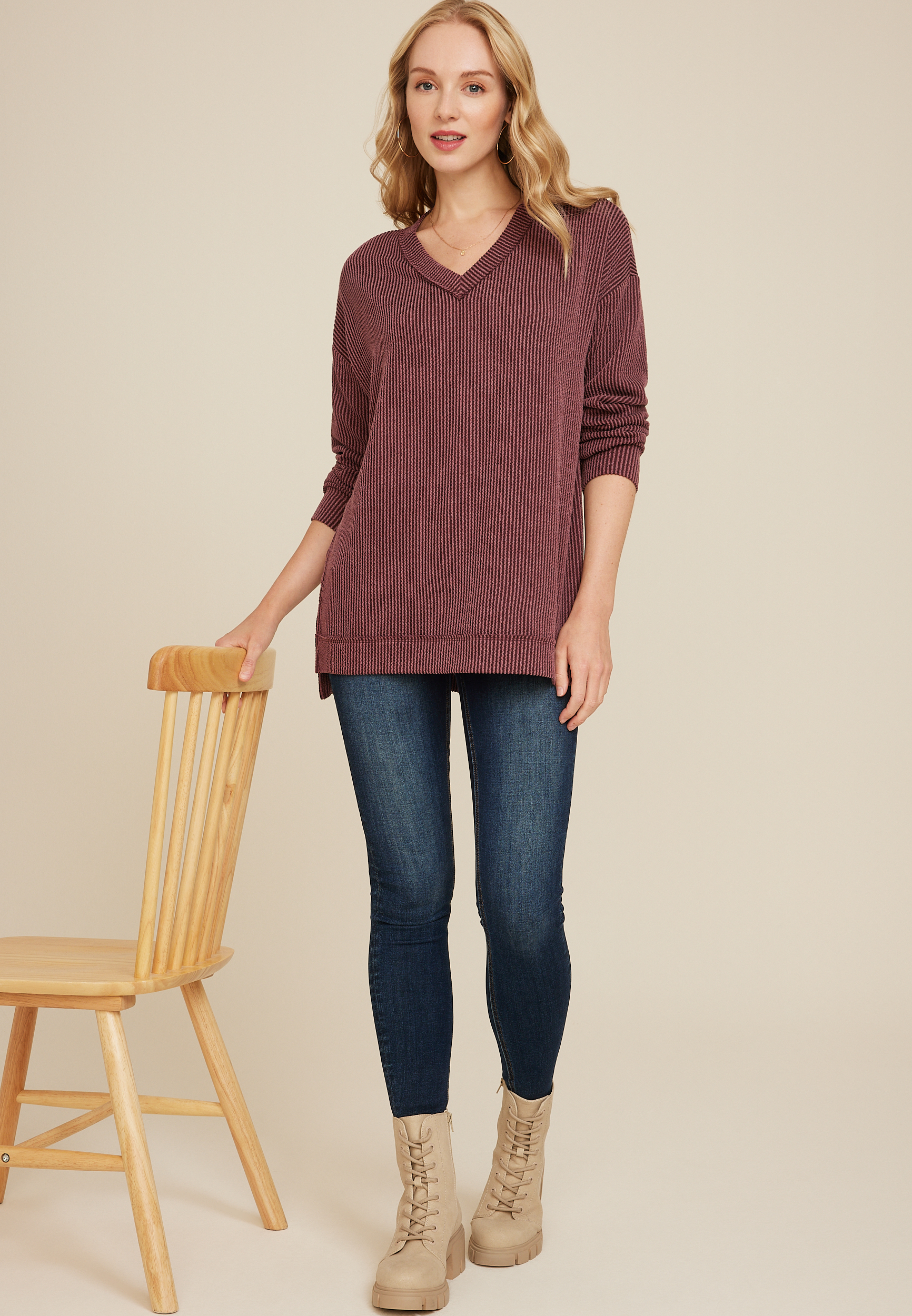 Wavy Ribbed V Neck Tunic