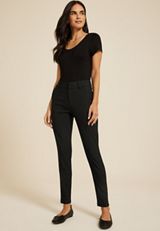 Bengaline Pinstripe Constructed Waist Mid Rise Skinny Dress Pant, BLACK COMBO, small