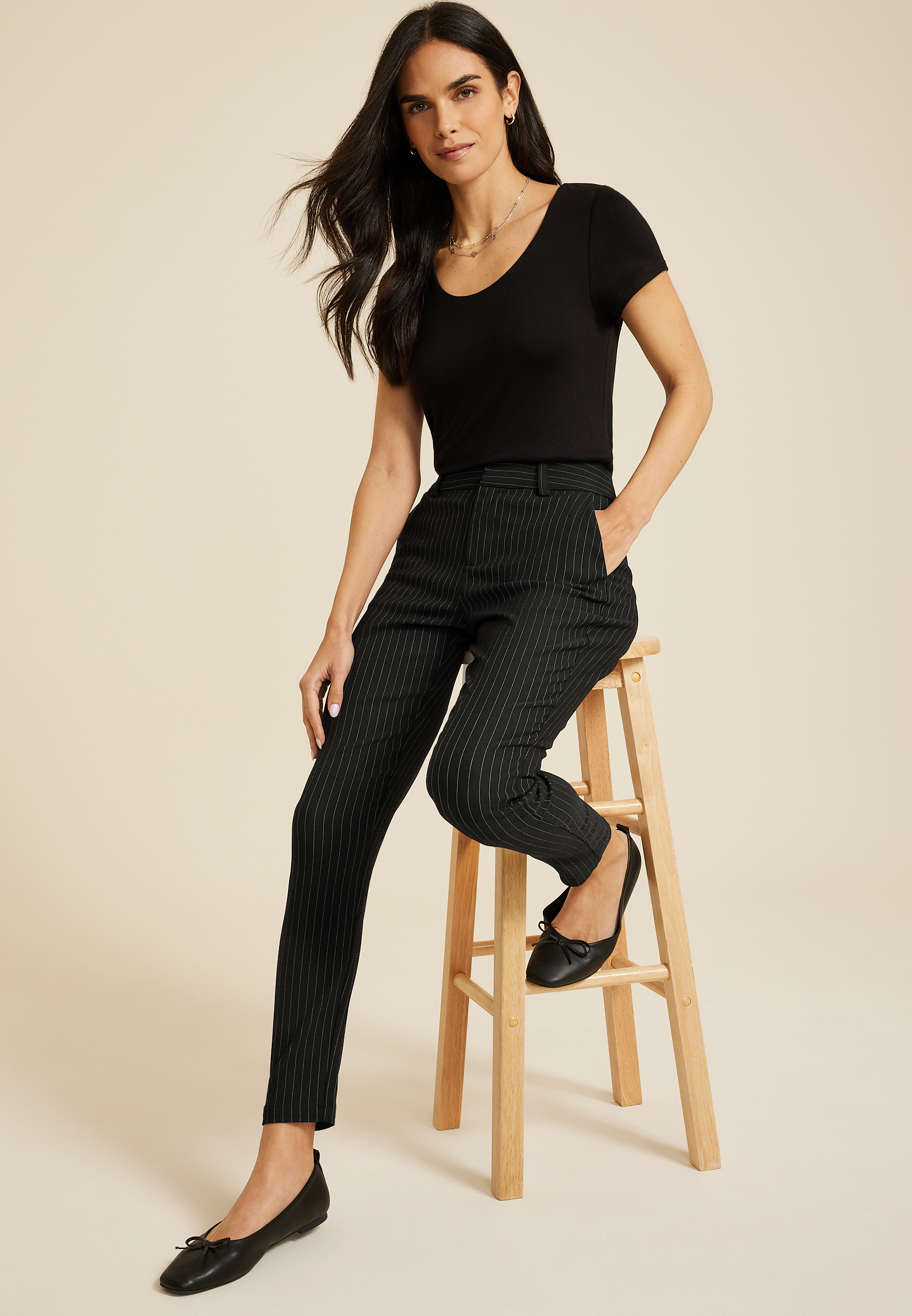 Bengaline Pinstripe Constructed Waist Mid Rise Skinny Dress Pant, BLACK COMBO, large