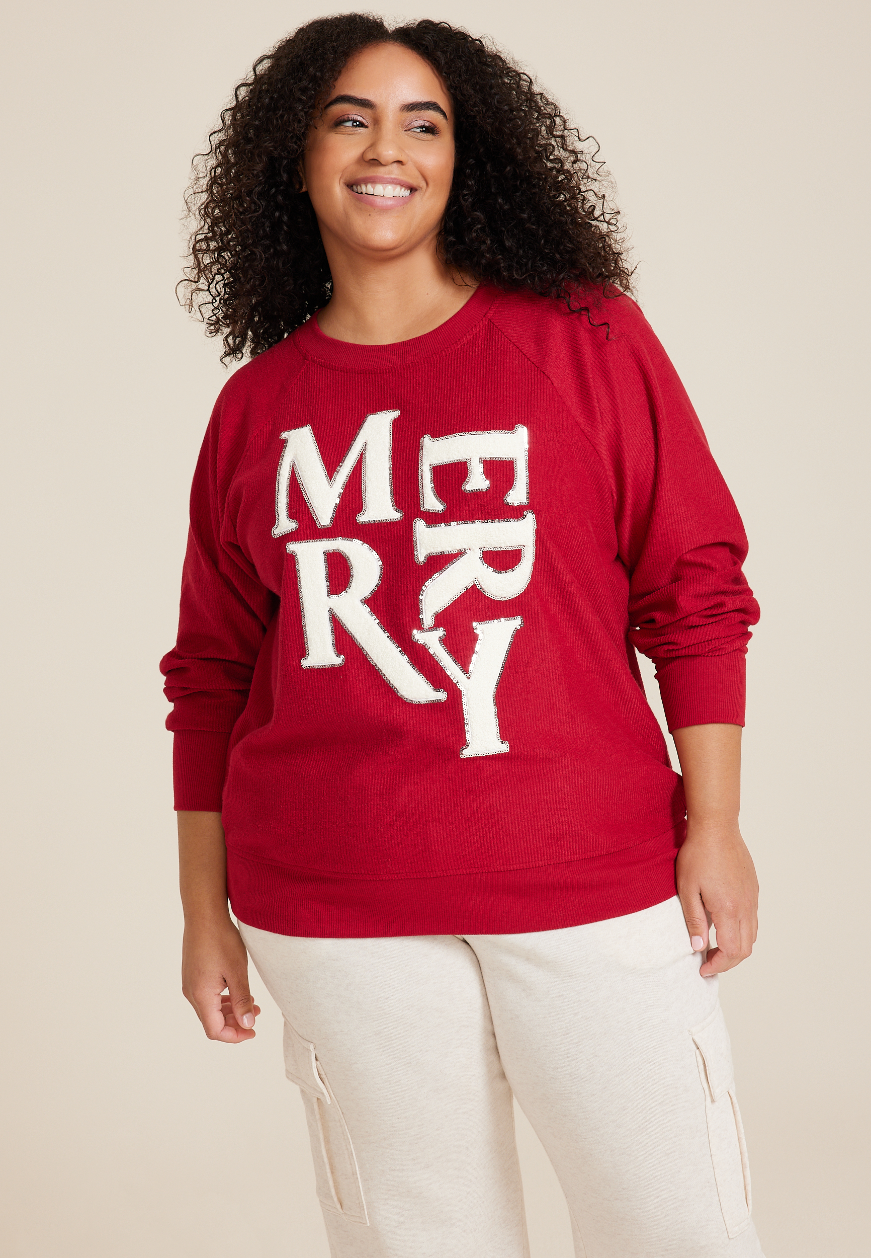 Plus Size Merry Chenille Sequin Embroidered Relaxed Fit Pullover, C4744, large