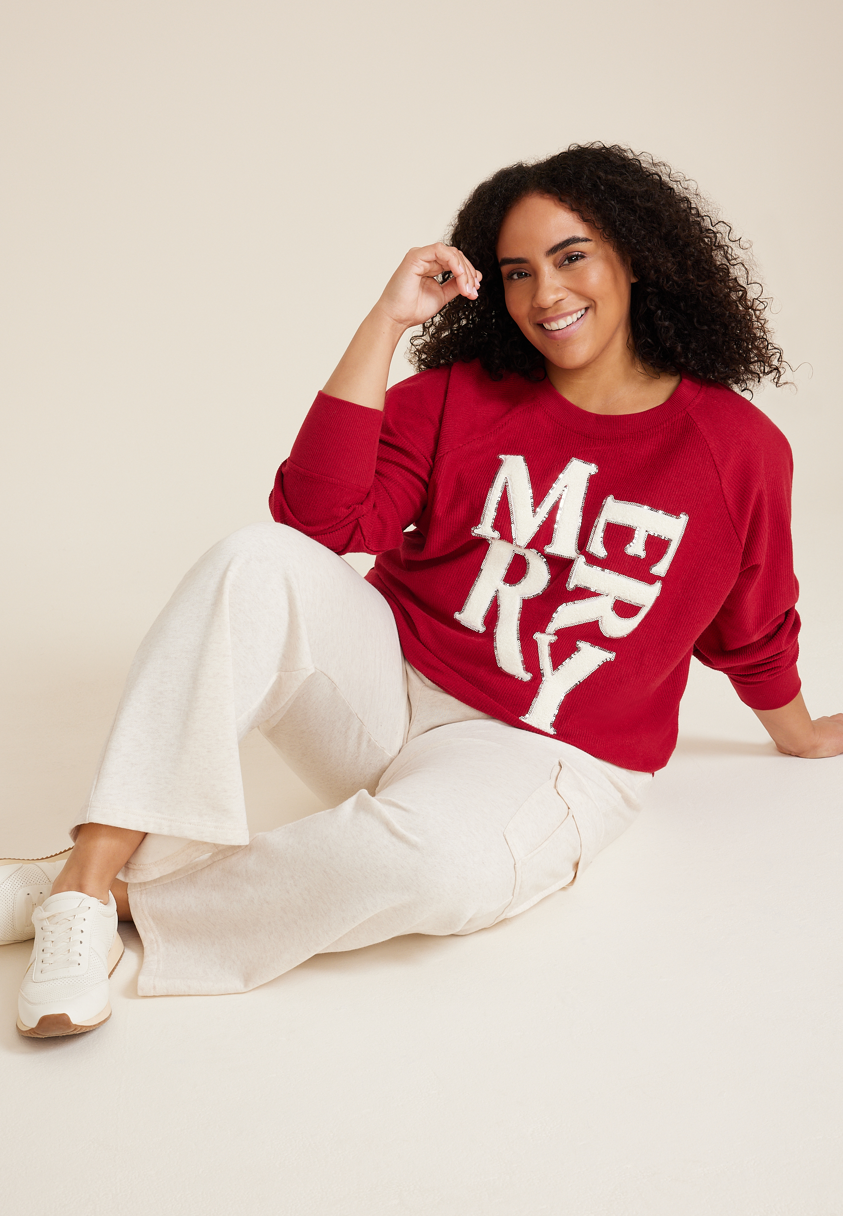 Plus Size Merry Chenille Sequin Embroidered Relaxed Fit Pullover, C4744, large
