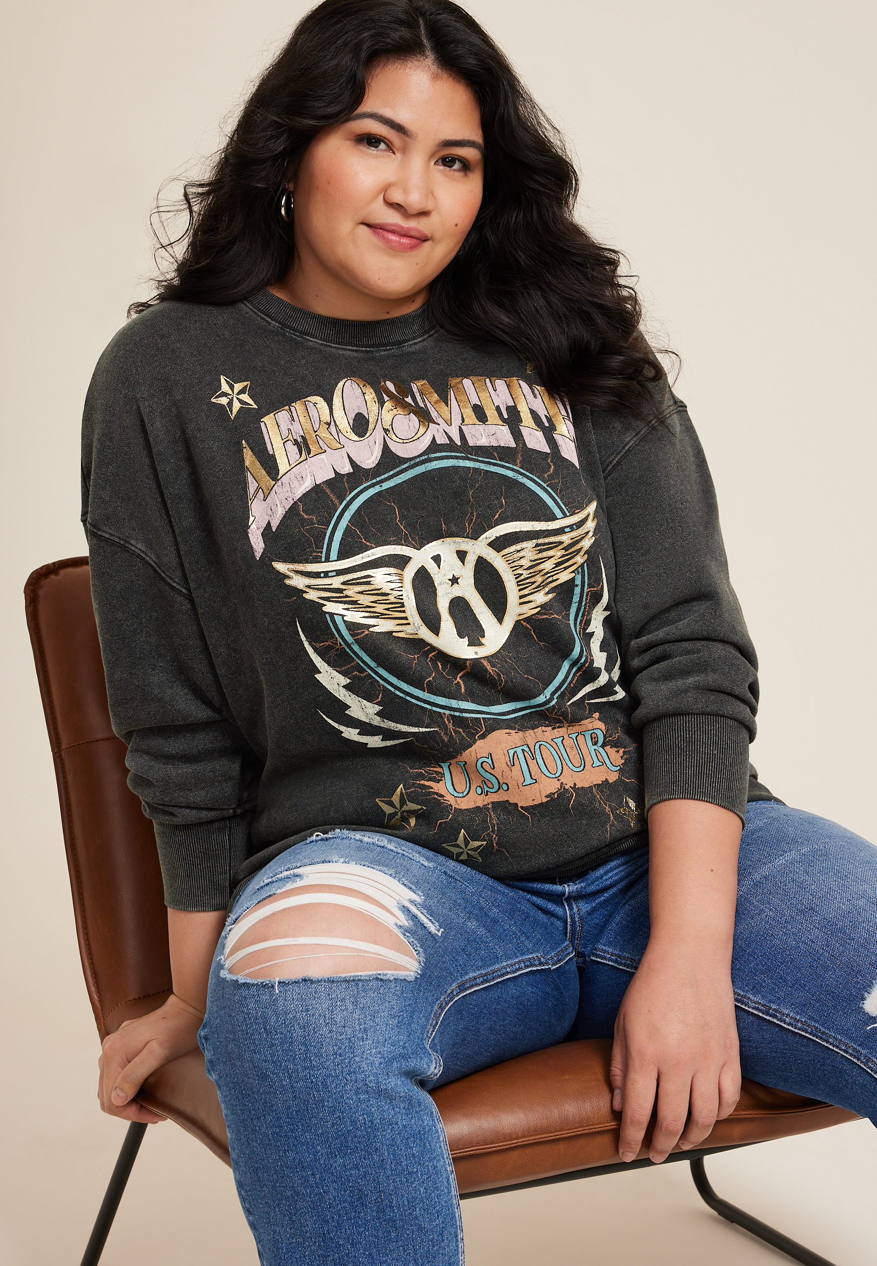 Plus Size Aerosmith Relaxed Fit Sweatshirt, BLACK, large