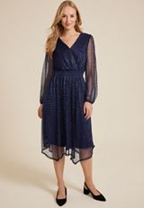 Metallic Plisse Long Sleeve Midi Dress, C1919, small