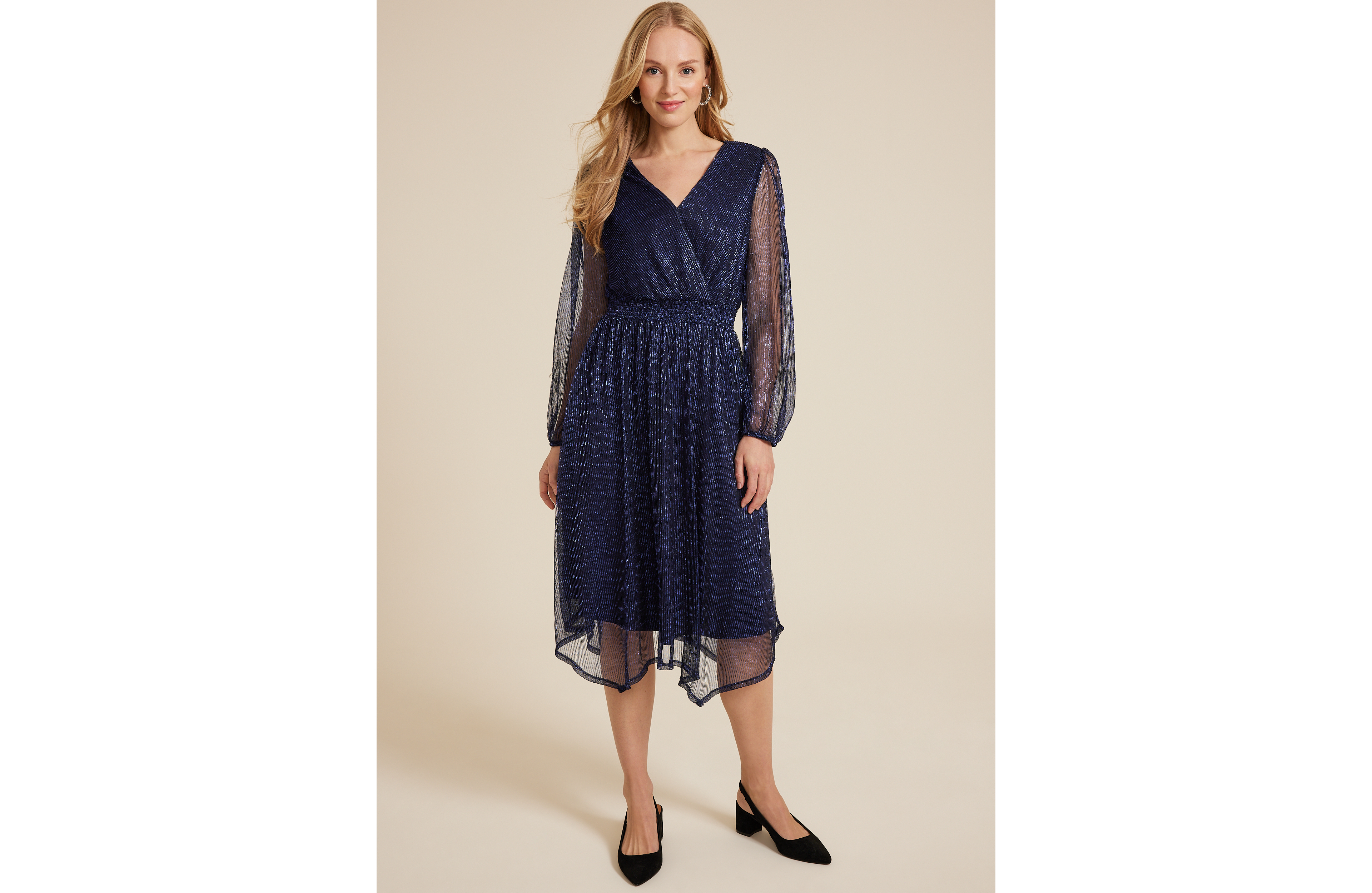 Metallic Plisse Long Sleeve Midi Dress