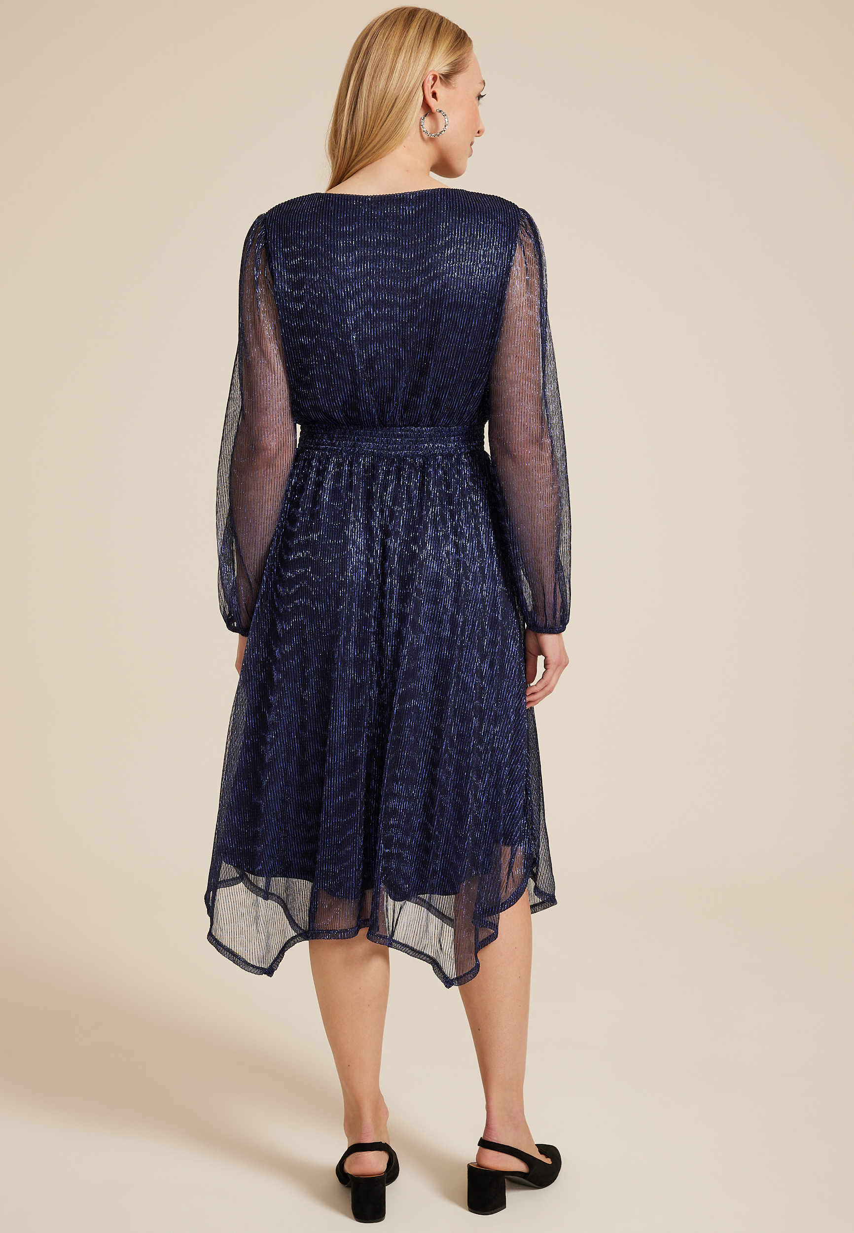 Metallic Plisse Long Sleeve Midi Dress, C1919, large