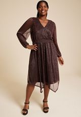 Plus Size Metallic Plisse Long Sleeve Midi Dress, BROWN RUM, small
