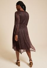 Plus Size Metallic Plisse Long Sleeve Midi Dress, BROWN RUM, small