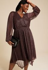 Plus Size Metallic Plisse Long Sleeve Midi Dress, BROWN RUM, small
