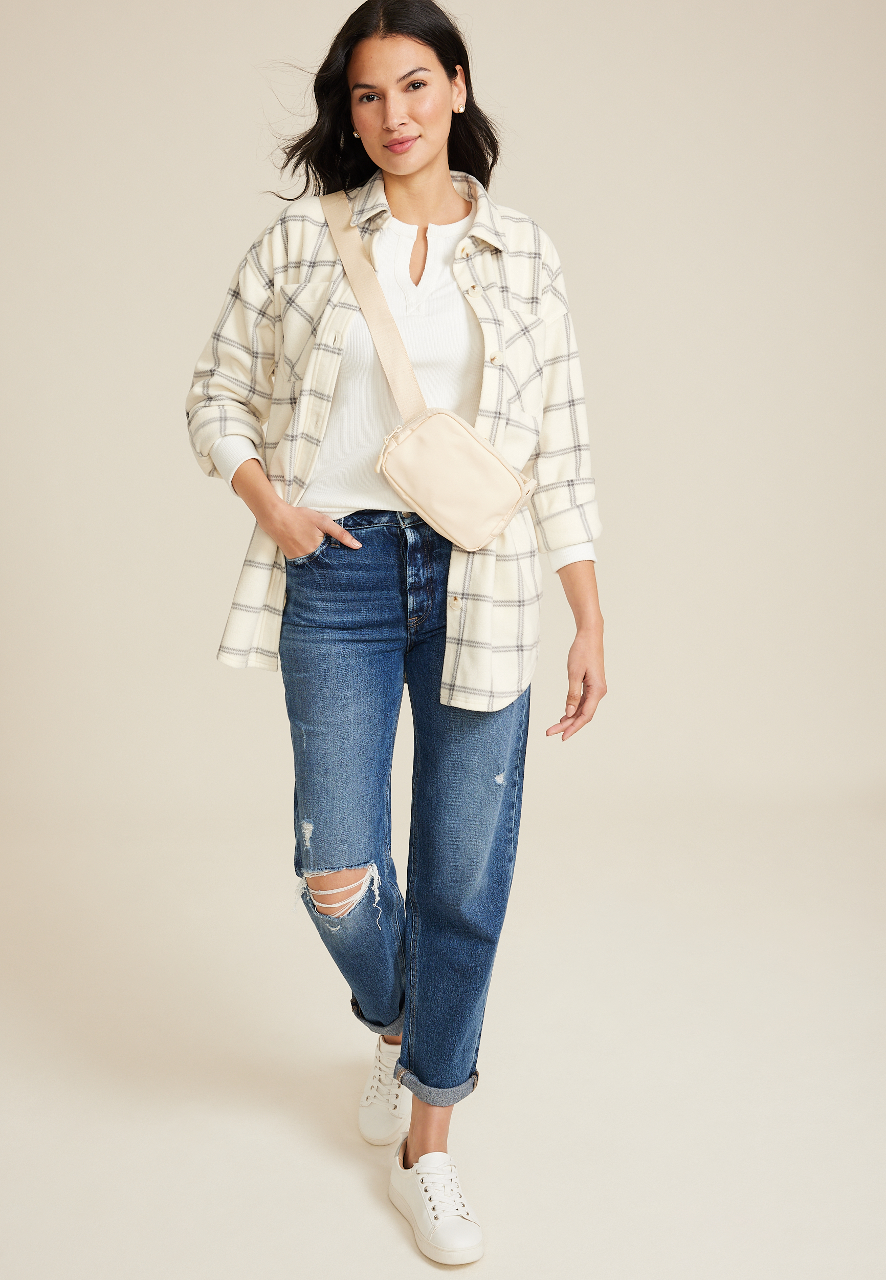 Wilder Plaid Fleece Shacket, ECRU COMBO, large