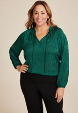 Plus Size Satin Jacquard Tie Front Blouse, C3895, small