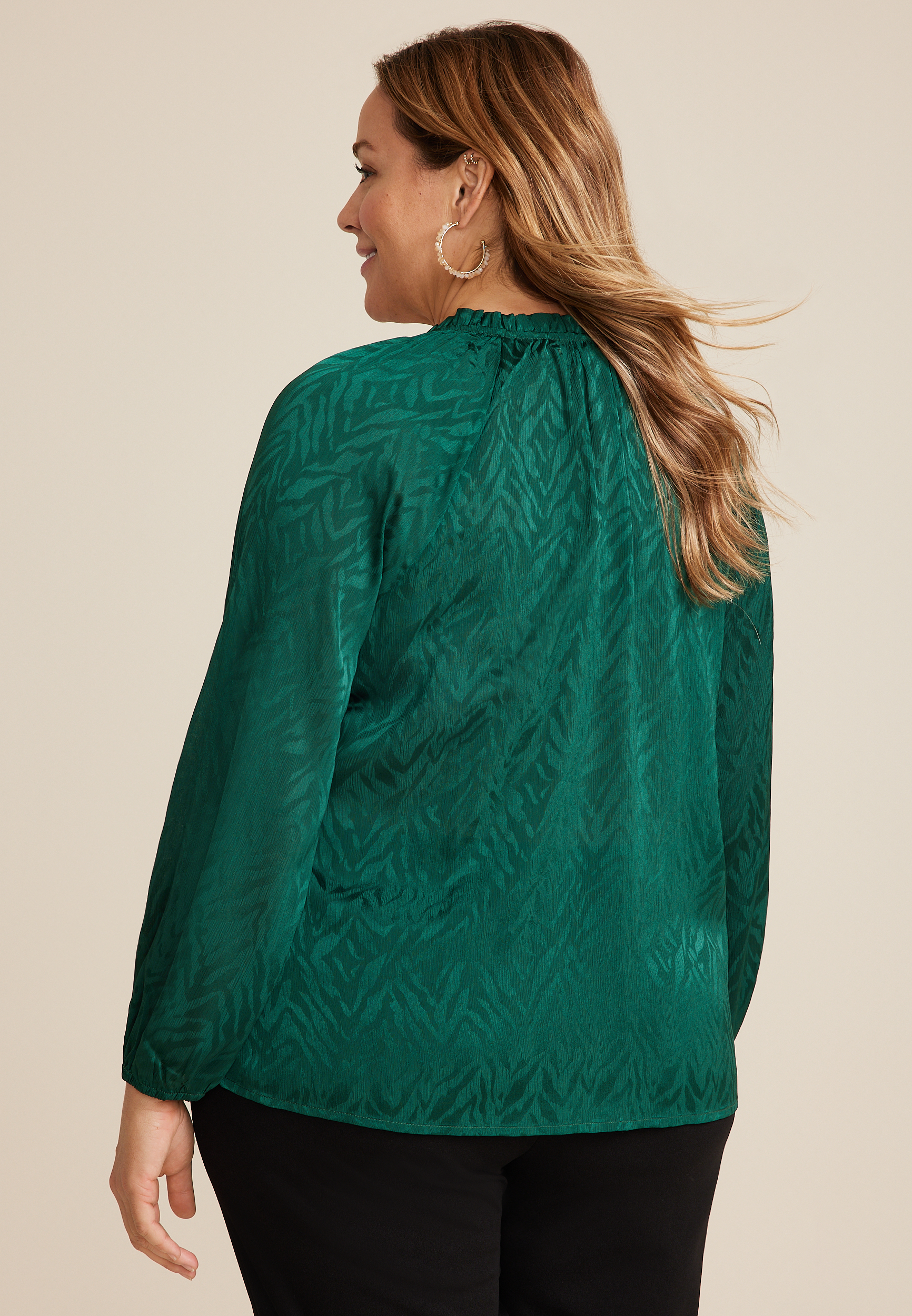 Plus Size Satin Jacquard Tie Front Blouse, C3895, large