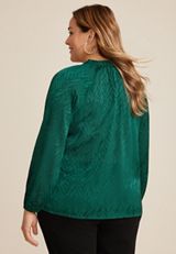 Plus Size Satin Jacquard Tie Front Blouse, C3895, small