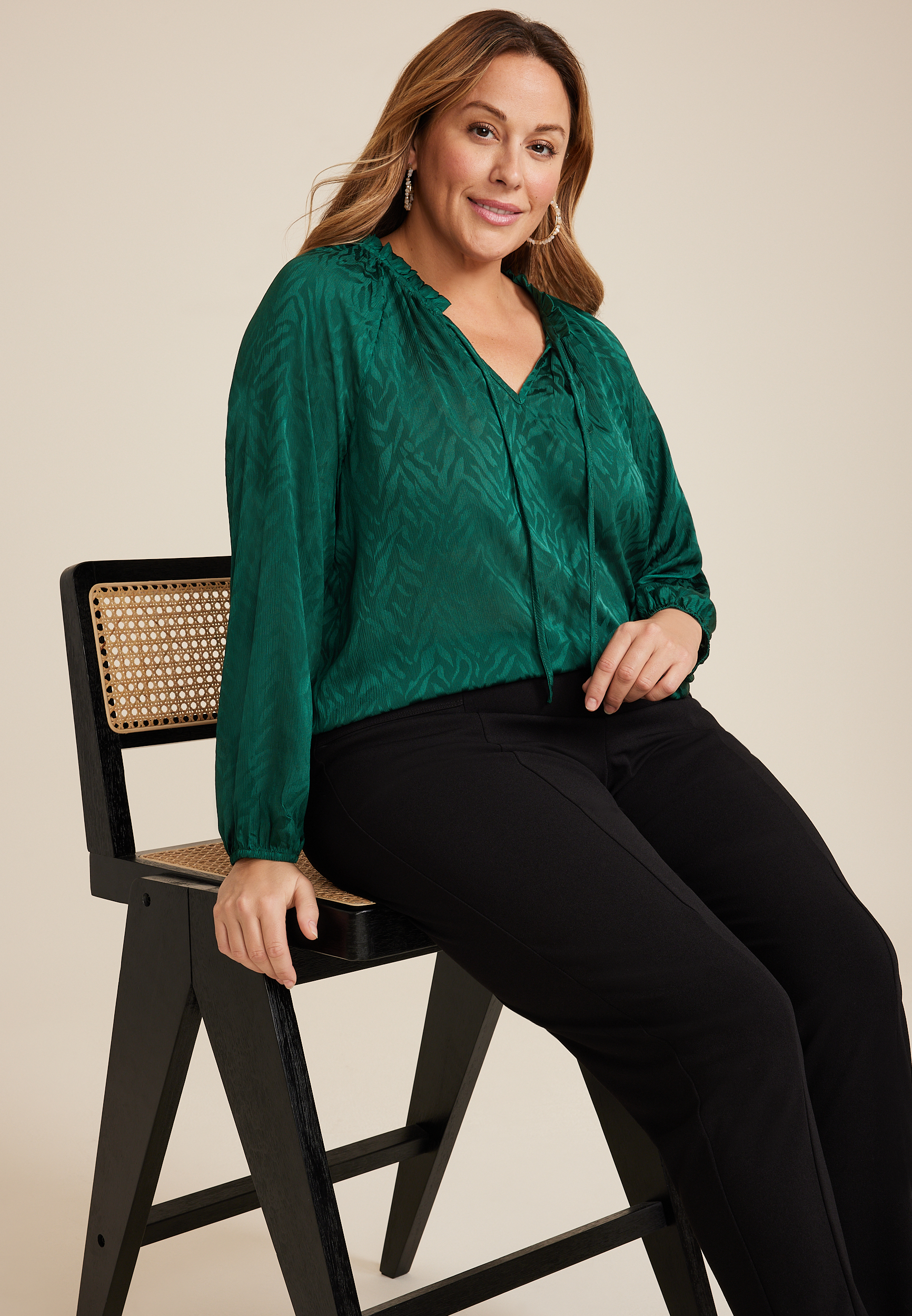 Plus Size Satin Jacquard Tie Front Blouse, C3895, large