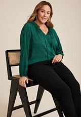 Plus Size Satin Jacquard Tie Front Blouse, C3895, small