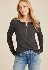 Cable Knit Mix Henley Tee, DARK IRON GRAY, small
