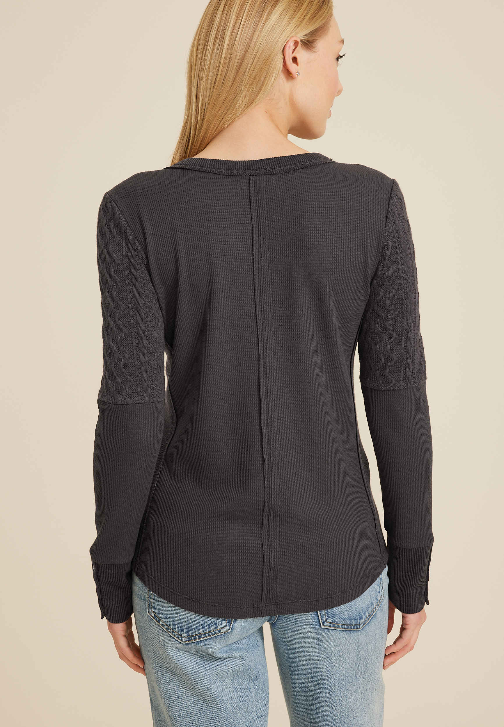 Cable Knit Mix Henley Tee, DARK IRON GRAY, large