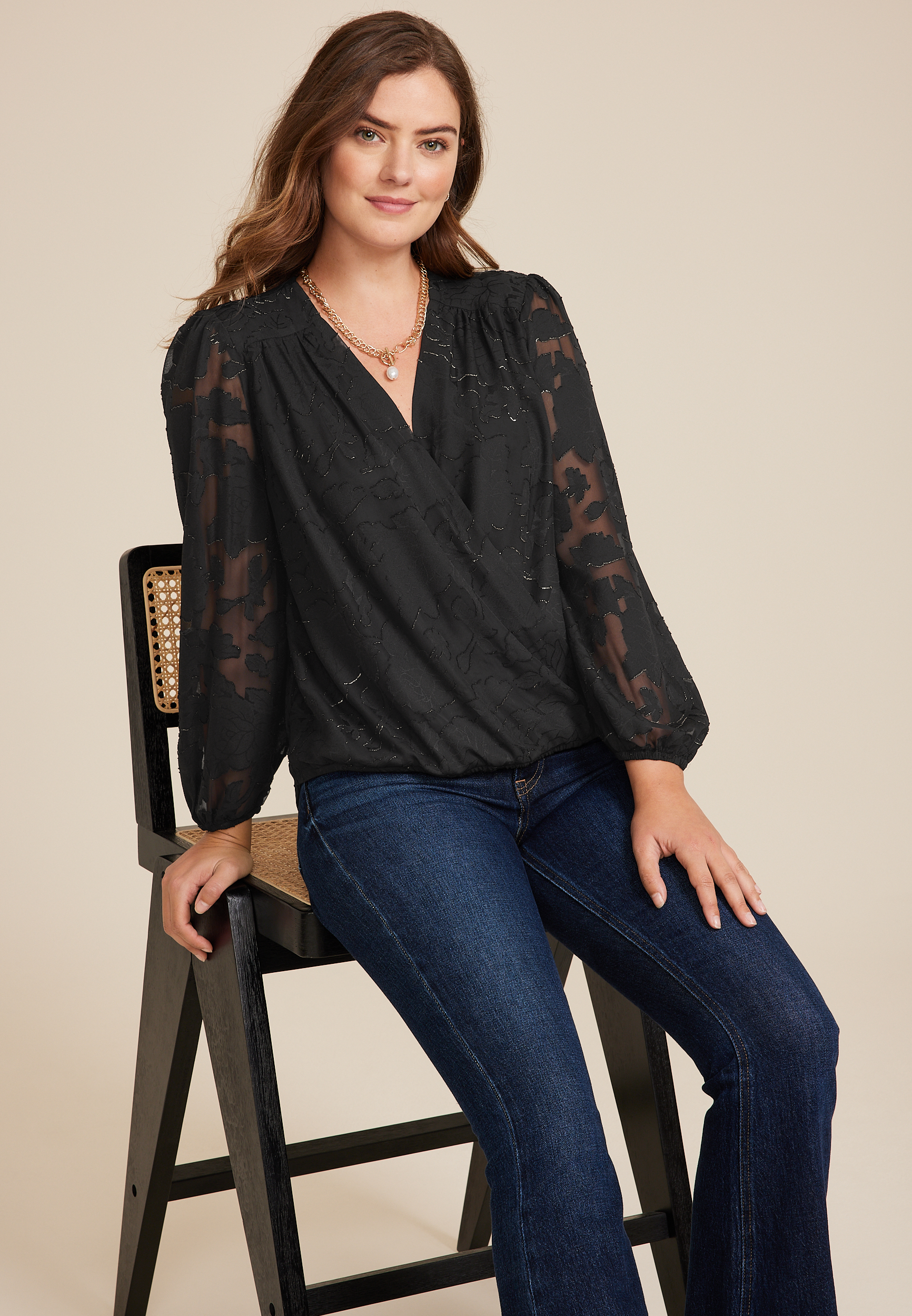 Metallic Jacquard Wrap Blouse, C106, large