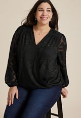 Plus Size Metallic Jacquard Wrap Blouse, BLACK, small