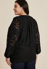Plus Size Metallic Jacquard Wrap Blouse, BLACK, small