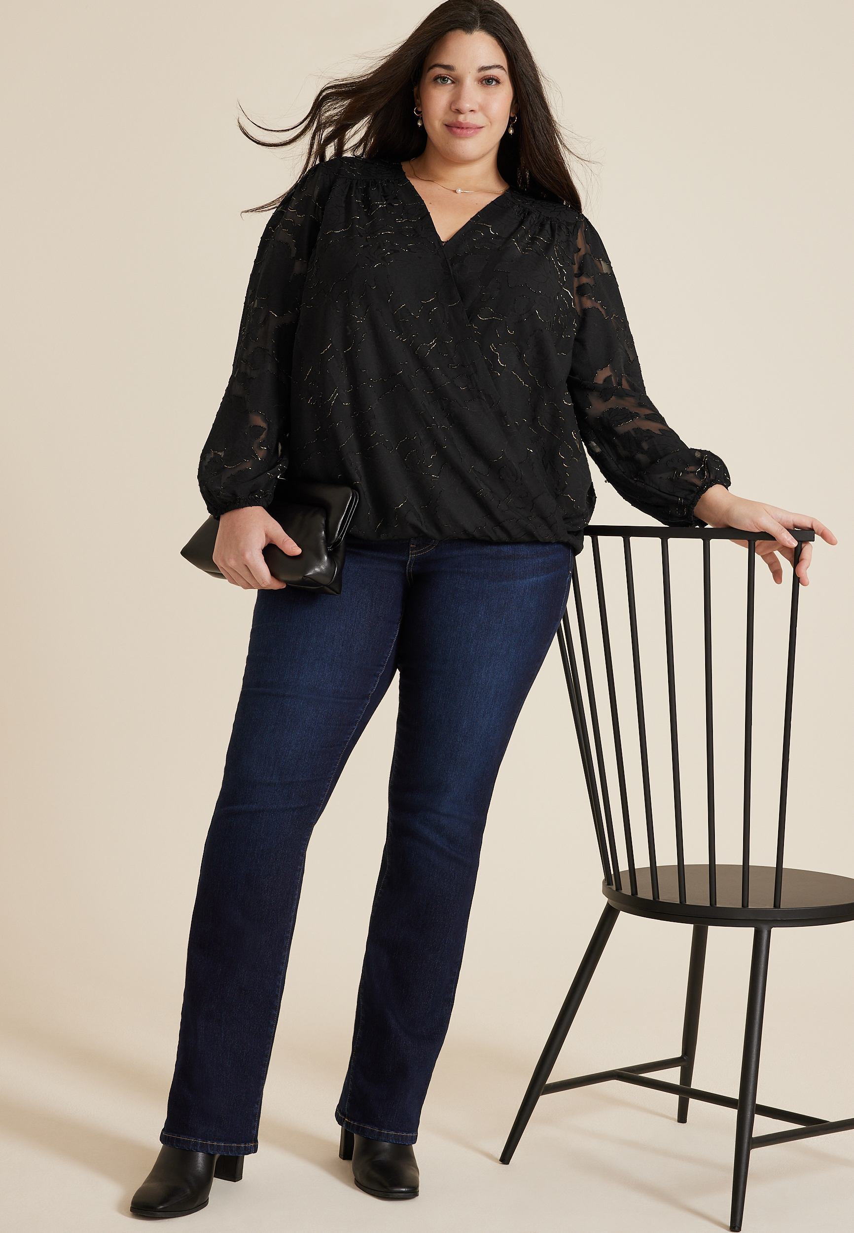 Plus Size Metallic Jacquard Wrap Blouse, BLACK, large