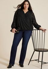 Plus Size Metallic Jacquard Wrap Blouse, BLACK, small