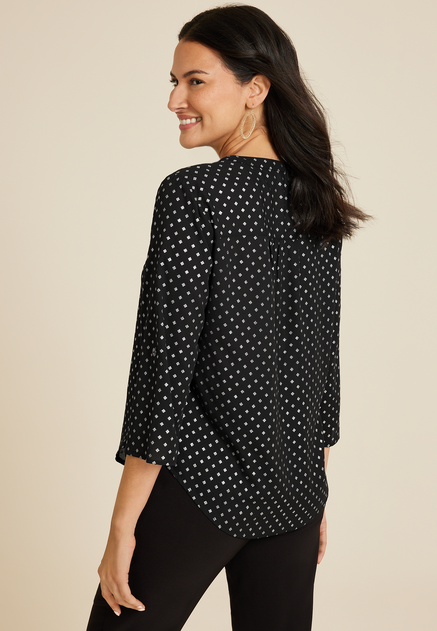 Atwood 3/4 Sleeve Popover Blouse, BLACK COMBO, large