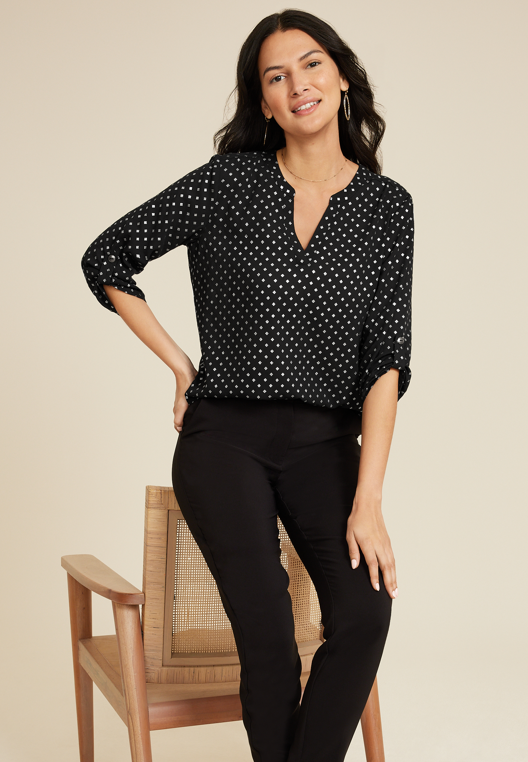 Atwood 3/4 Sleeve Popover Blouse, BLACK COMBO, large