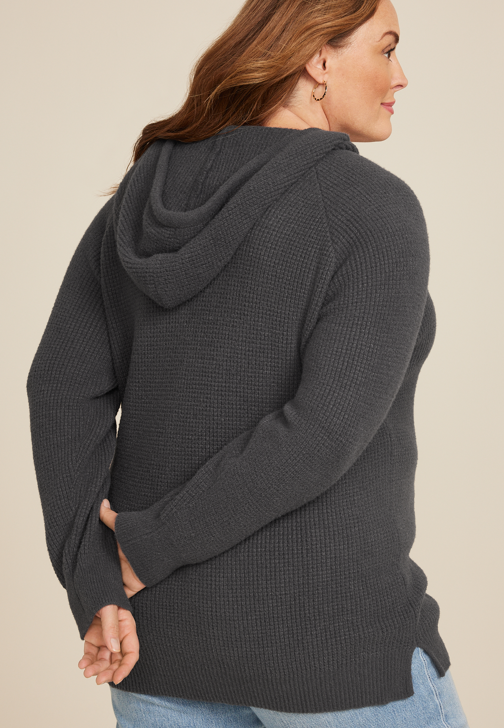Plus Size Waffle Knit Raglan Tunic Hoodie, C3407, large
