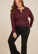 Plus Size Cable Knit Mix Henley Tee, BROWN RUM, small
