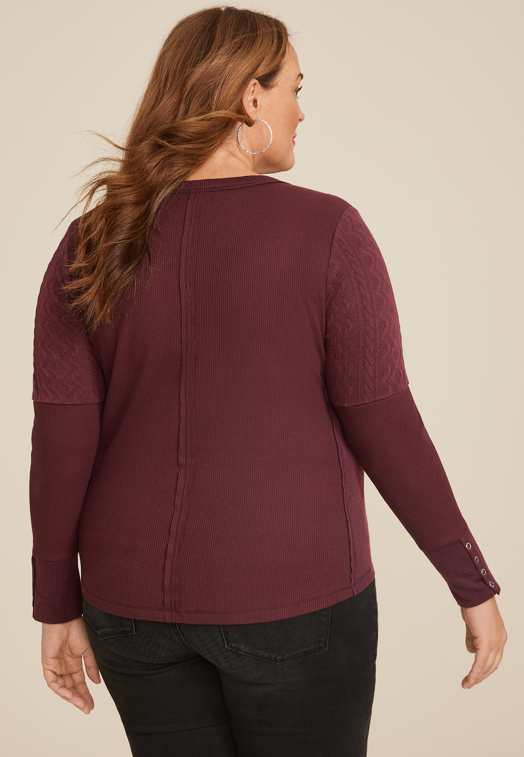 Plus Size Cable Knit Mix Henley Tee, BROWN RUM, large