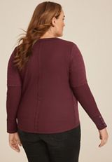 Plus Size Cable Knit Mix Henley Tee, BROWN RUM, small