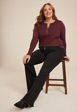 Plus Size Cable Knit Mix Henley Tee, BROWN RUM, small