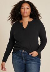 Plus Size Softest Split Neck Henley Thermal Tee, BLACK, small