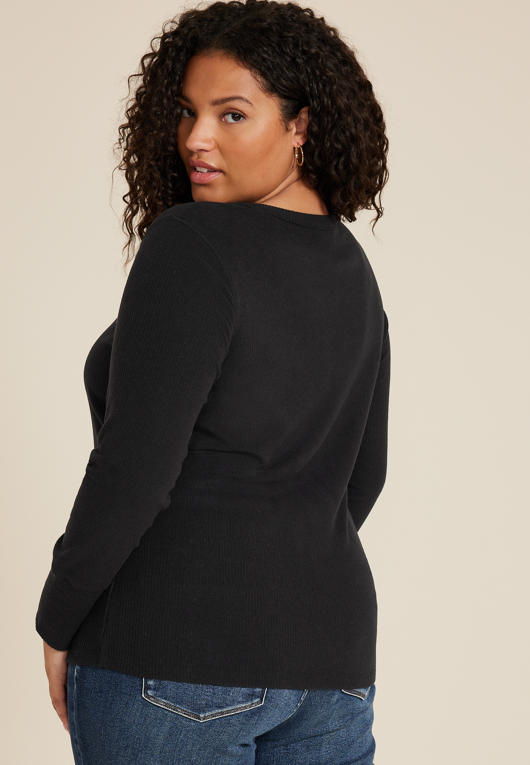Plus Size Softest Split Neck Henley Thermal Tee, BLACK, large
