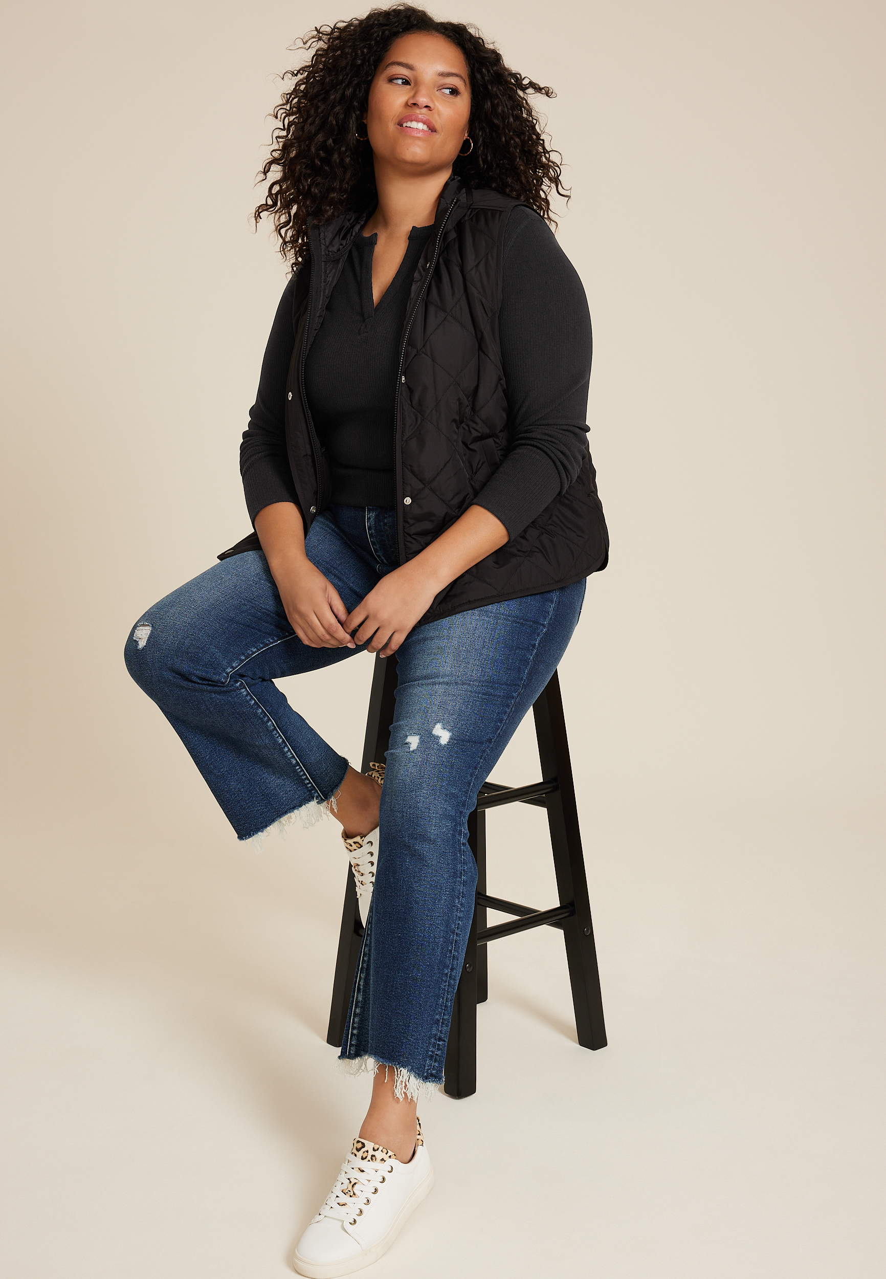 Plus Size Softest Split Neck Henley Thermal Tee, BLACK, large