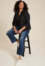 Plus Size Softest Split Neck Henley Thermal Tee, BLACK, small